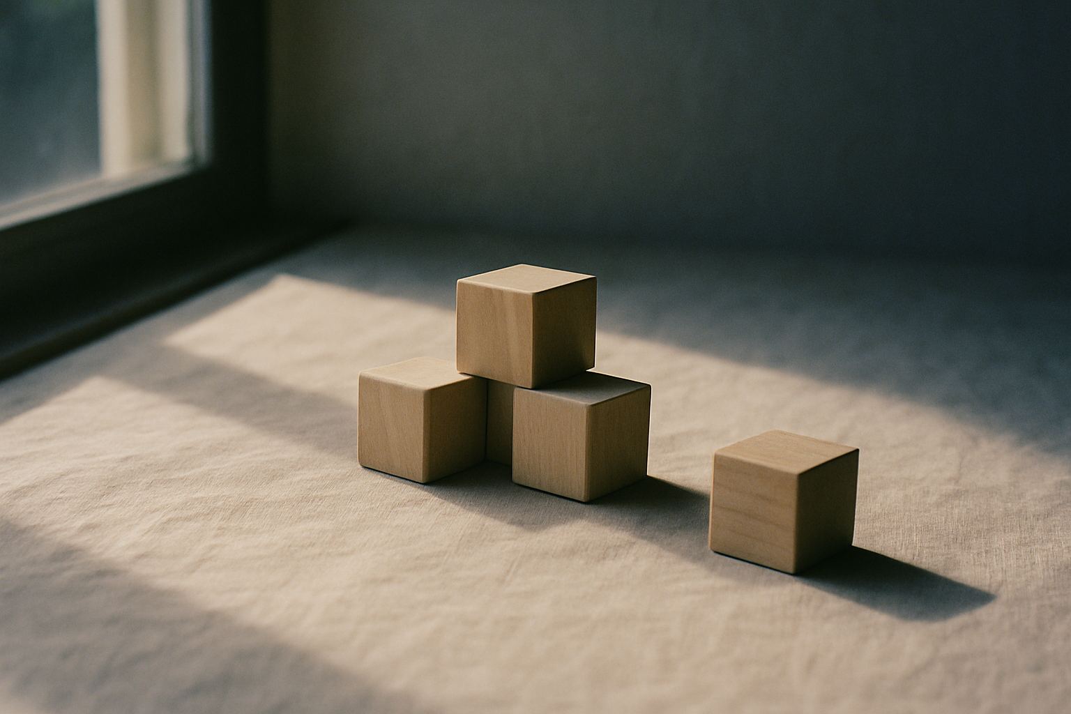 Wooden blocks in the light of one window. The objects of early learning, photographed without anybody using them.