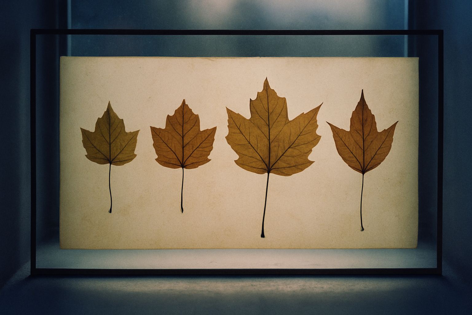 Pressed leaves, each from the same tree, no two the same shape.