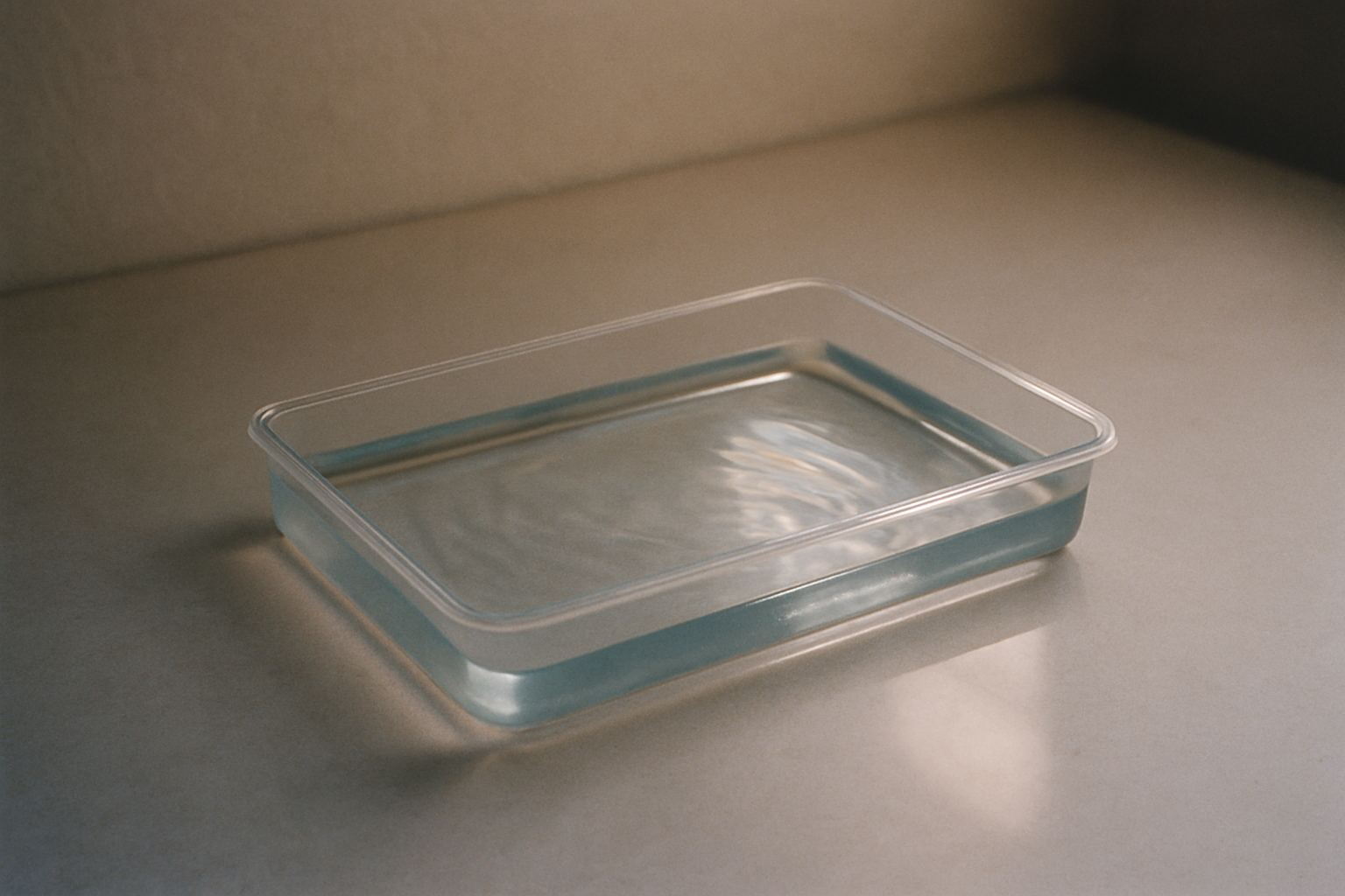 Water in a shallow tray, showing the shape of what is beneath it.